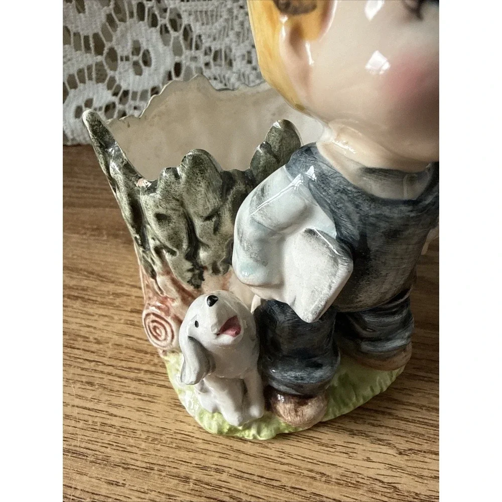 Vintage Enesco‎ Hand Painted Planter Featuring A Boy And A Puppy